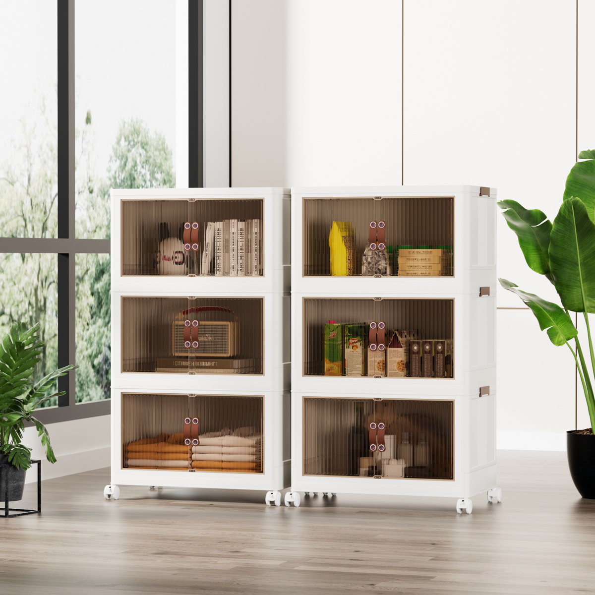 3-Tier Folding Stackable Storage Bins with Lid and Wheels (Set of 2)